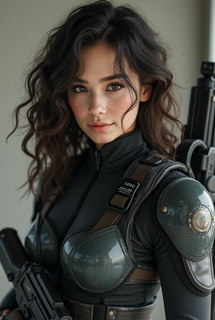 High quality, ultra-realistic images of women. The woman is of Japanese and Russian descent.. Powerful Features, Fair skin. Dark brown curly hair, Dark Eyes. The woman is wearing a semi-futuristic combat suit.. She has a gun and a knife strapped to her body.. Beautiful woman smiling. Her eyes shine with hatred.