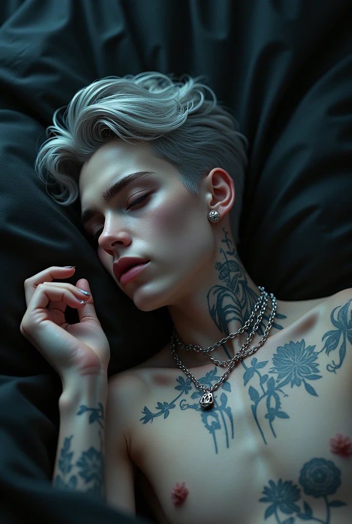 age guy, white skin, grey hair, grey eyes, tattoos, piercings, silver chains, summer vibes, sleeping position, dramatic lighting, dark colors, textured skin, hand gesture, naked, sensual, detailed features, edgy, teen androgynous, intimate, high quality digital art, dark fantasy style.