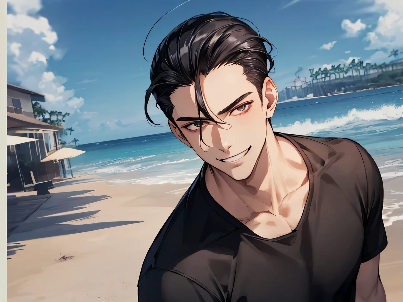 hair slicked back,Working Adults.,male,good looking,Cool vibe,I,Black-haired,Raking up,(all back),Viewer Perspective,Upper Body,Face close-up,Excited,Wicked Smile,Yandere atmosphere,Stylish clothes,A tight black T-shirt,Background sea,Beach,stall,