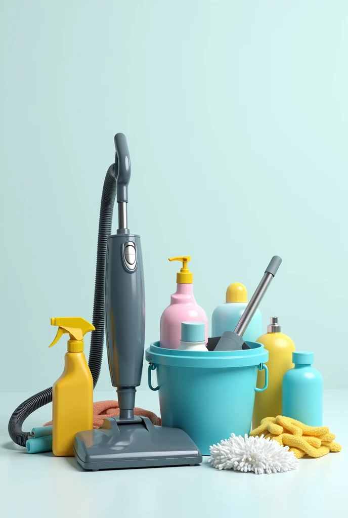 image of"all cleaning tools; vacuum cleaner ;bucket of water mop and cleaning products
