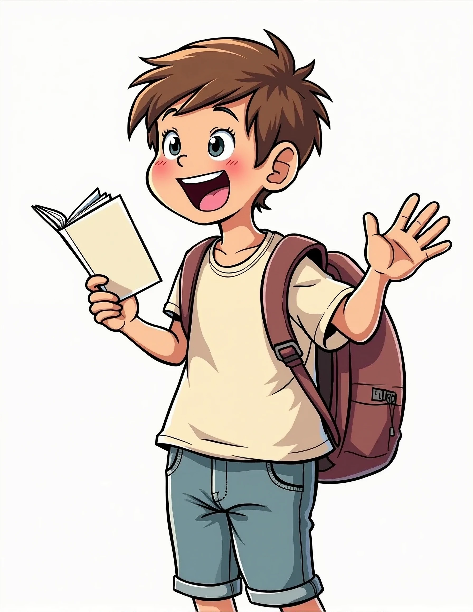 Create a cartoon-style image of a happy child student reading a book. The child should have their hands visible, with perfect hands showing exactly five fingers on each hand. The background should be completely white, with no other details. The child should be looking at the book with a focused expression. The image must be sharp and in focus, not blurry. EasyNegative, (worst quality, low quality:1.4), (((deformed))), distortions in the hands, face, and other parts, more than 1 character