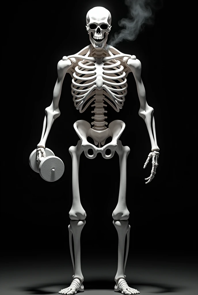 Create a muscular skeleton smoking a lit cigarette wearing black glasses with big muscles on his arms and holding a dumbbell in his left arm on a black background and the skeleton 100% white without shine and without shadows