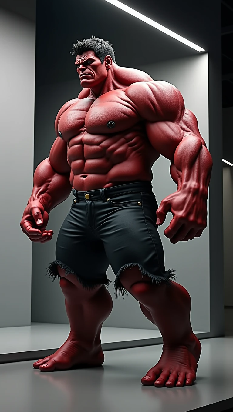 side view of full body of Red Hulk form Marvel,iconic pose,an look forward, Black jean shorts are torn because they are too small for the body,pronounced muscles and jaggedskin,A simple background contrasts with the subject, highlighting every detail on the subject,Surrealism,Hyperrealistic,Photorealistic,high-key image, high key lighting imagefrom side,8k, ultra high res, sharp focus,highly detailed, photo