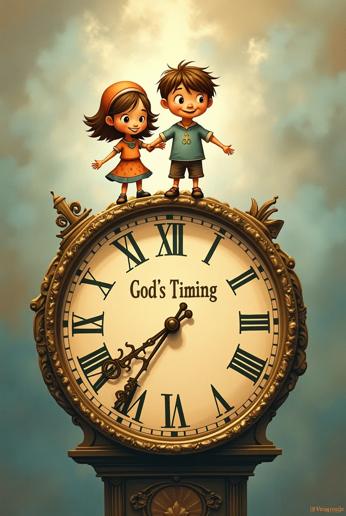 An image of cartoon boy and girl standing on two hands of a clock that saying god's timing 