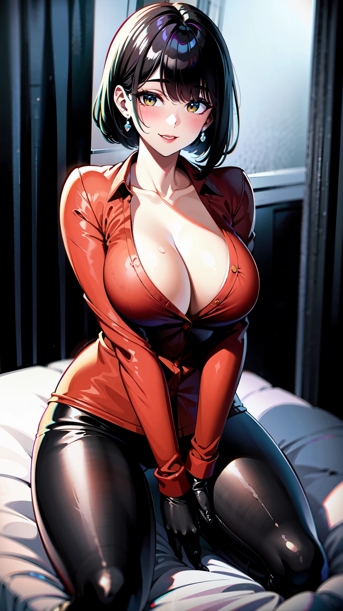 （（super high quality,Ultra-high resolution,4K,8k,super masterpiece,Ultra HD））Dimly lit room,（（One sexy woman,））,（（Red collared shirt,Sleeves up to the elbows,Black long gloves,Black pants with a glossy finish,Black long boots）,A tight collar that was raised,）,Black hair straight bob,Sharp Eyes,Open chest,Cleavage,smile,Pearl Earrings,