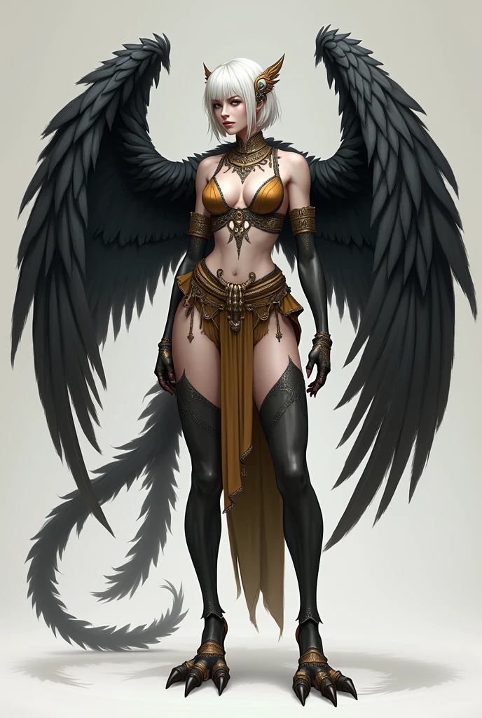 Harpy, bird woman, traditional clothing, Harpy feet, black feathers, black wings, long black tail feathers, white hair, short bob cut, concept art, simple background, ultra high definition,