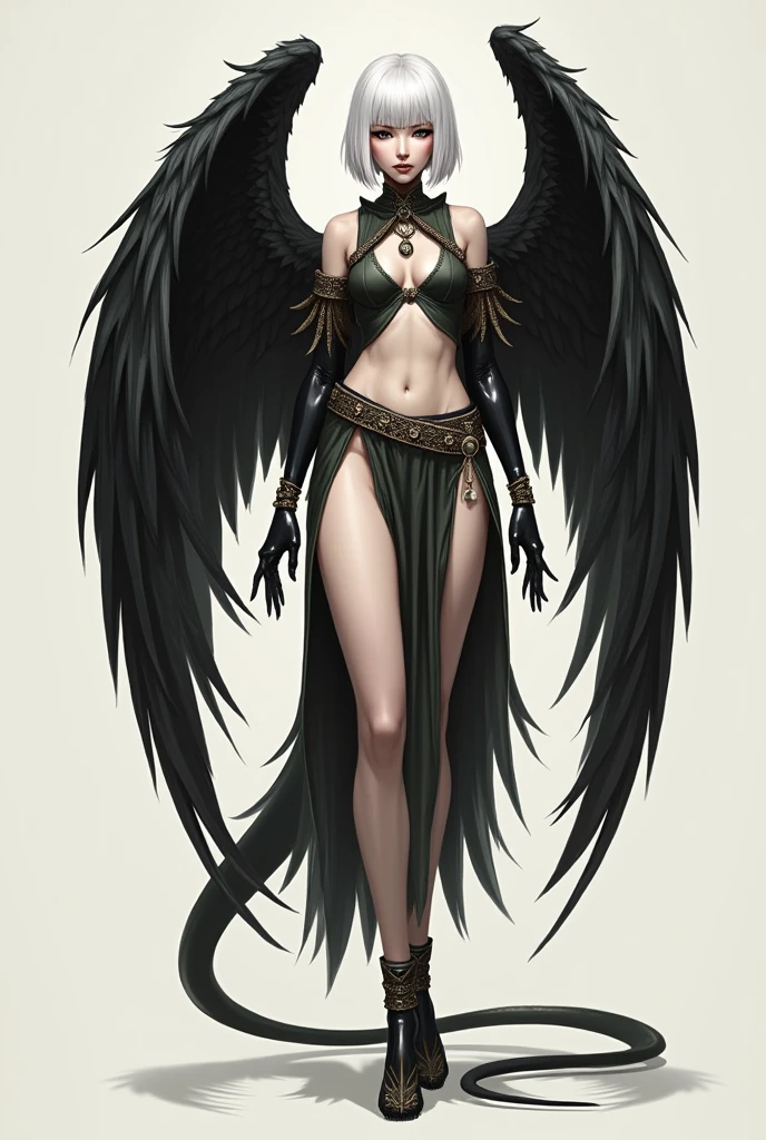 Harpy, bird woman, traditional clothing, Harpy feet, black feathers, black wings, long black tail feathers, white hair, short bob cut, concept art, simple background, ultra high definition,