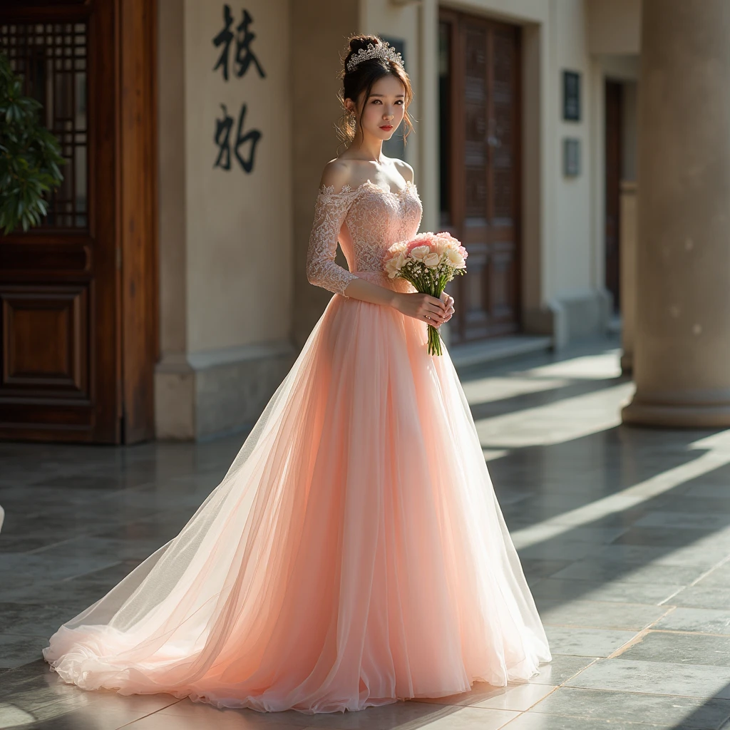Korea woman in her long wedding dress 
