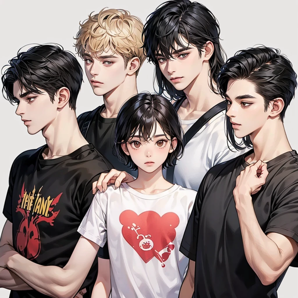 black hair, brown eyes, Sharp features, white skin, perfect, t-shirt, simple background, 4 boys, Stationary face, shut your mouth, handsome, cool, Stand in line, friend