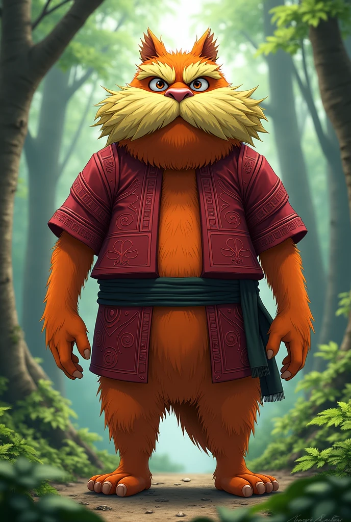 Create an image of the Lorax, with the red armor of Hashirama Senju from Naruto, the marks are wise of Hashirama Senju