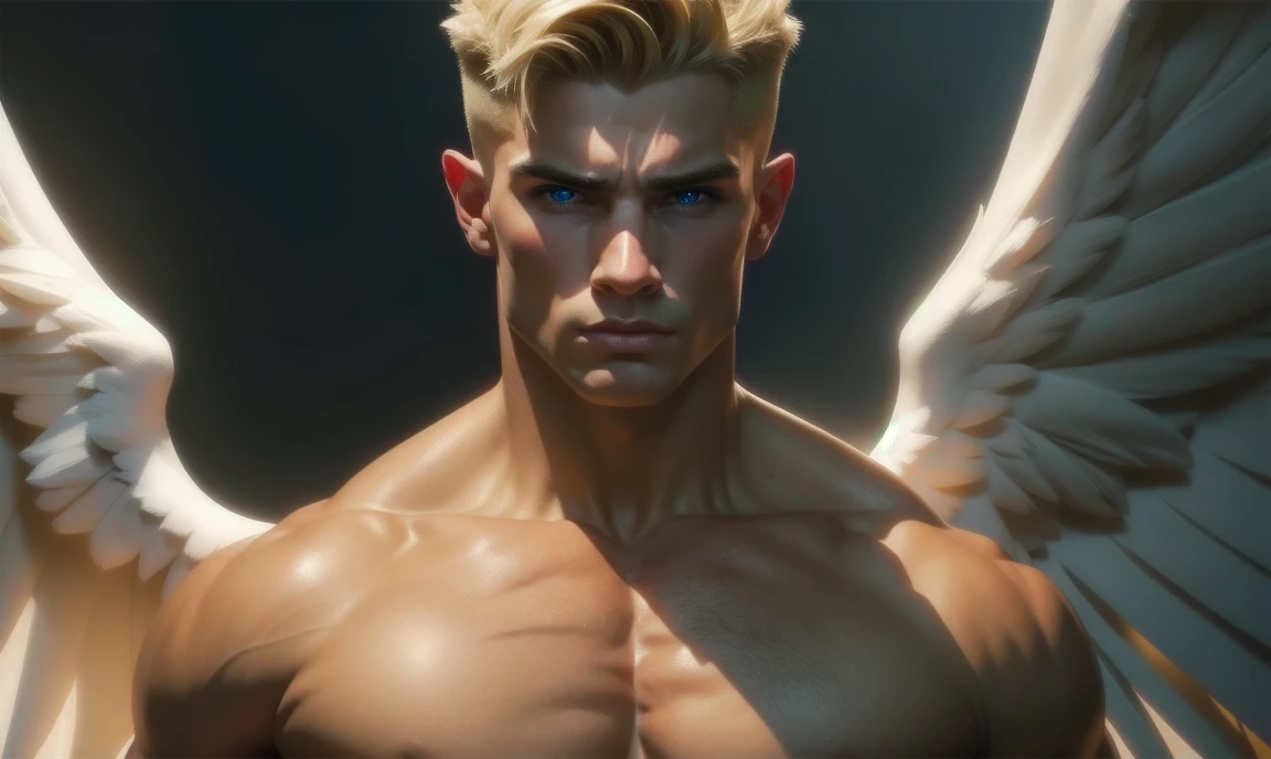 [((highly detailed, detailed eyes, detailed face, clear and realistic facial features, photorealistic, realistic light, cinematic)), (1 man), (((((Gorgeous perfect sexy powerful masculine male angel))))), (((two large white wings coming from his back))), ((faint halo)), ((((short blond hair, pale eyes)))), ((35 years old)), ((wearing masculine angelic ethereal clothes)), (((aura of divine power))), standing in a cozy apartment at nighttime, ((light blush)), ((imposing powerful pose)), (((wearing an annoyed expression)))]