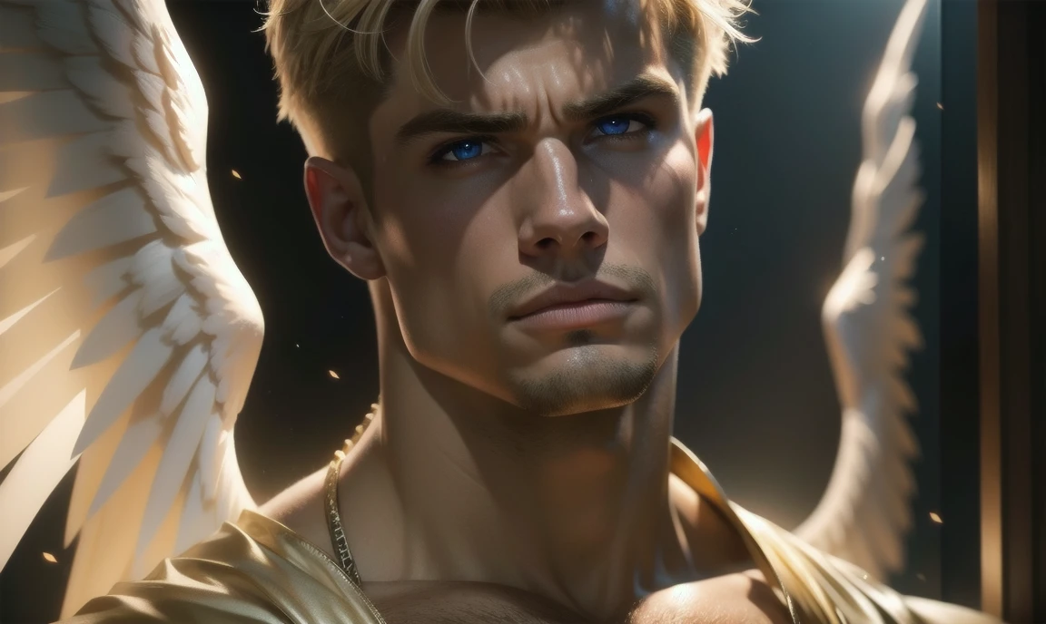 [((highly detailed, detailed eyes, detailed face, clear and realistic facial features, photorealistic, realistic light, cinematic)), (1 man), (((((Gorgeous perfect sexy powerful masculine male angel))))), (((two large white wings coming from his back))), ((faint halo)), ((((short blond hair, pale eyes)))), ((35 years old)), ((wearing masculine angelic ethereal clothes)), (((aura of divine power))), standing in a cozy apartment at nighttime, ((light blush)), ((imposing powerful pose)), (((wearing an annoyed expression)))]