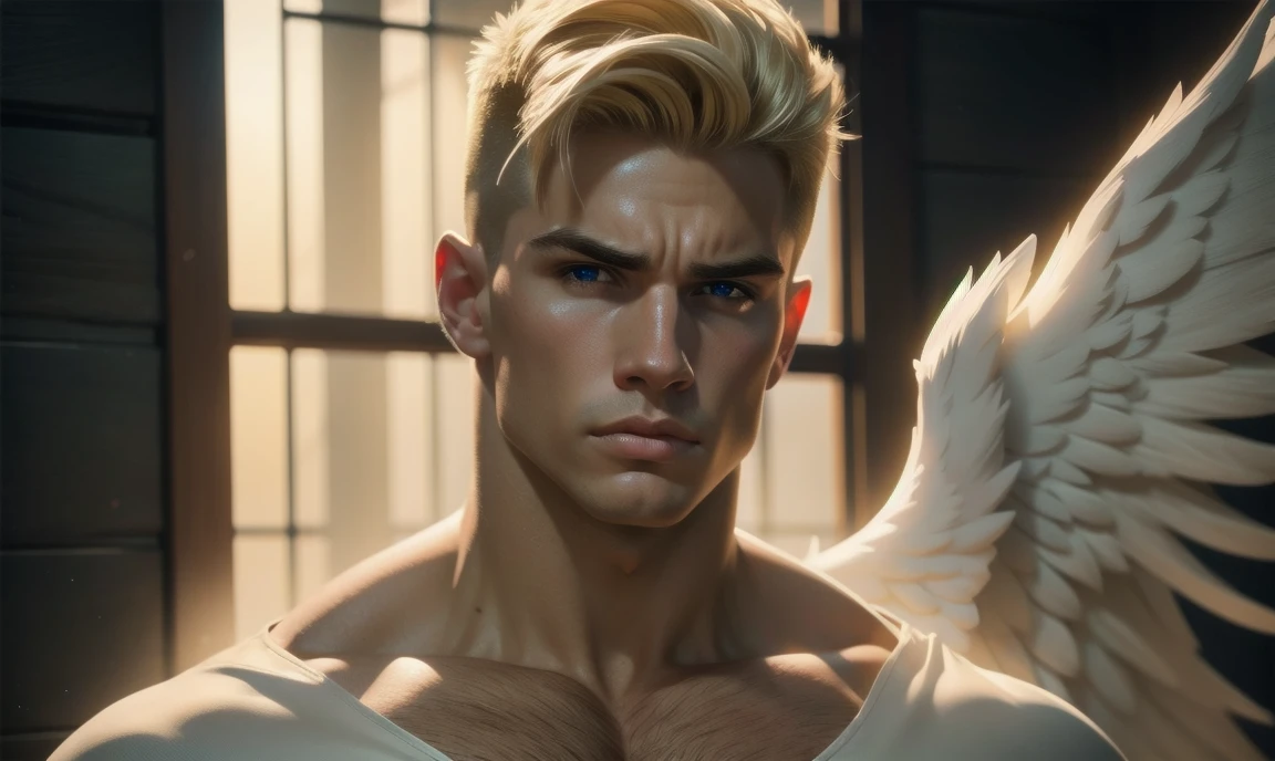 [((highly detailed, detailed eyes, detailed face, clear and realistic facial features, photorealistic, realistic light, cinematic)), (1 man), (((((Gorgeous perfect sexy powerful masculine male angel))))), (((two large white wings coming from his back))), ((faint halo)), ((((short blond hair, pale eyes)))), ((35 years old)), ((wearing masculine angelic ethereal clothes)), (((aura of divine power))), standing in a cozy apartment at nighttime, ((light blush)), ((imposing powerful pose)), (((wearing an annoyed expression)))]