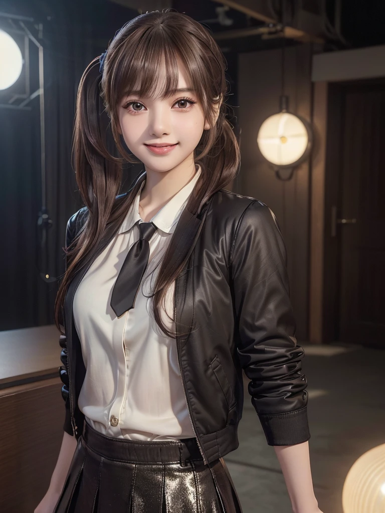 (8k, RAW Photos, Highest quality, masterpiece:1.2), (Realistic, photo-Realistic:1.4), (extremely detailed 8k wallpaper), ((Full Body Shot)), (((1 girl))), Sharp focus, Cinema Lighting, Soft Light, (Delicate and beautiful eyes, Very beautiful 25 year old girl, innocent big 目s, photo Realistic, Very detailed cute, (Model body type), Background television station、Television Studio、The audience is watching、announcer、shirt、blouse、Jacket、Office Casual、skirt、pumps、Weather girl、(Brown Hair), (ponytail), (Asymmetrical bangs), ((smile)), Glowing Skin, Ultra-Dense Skin 、Facial beauty with attention to detail, Side Shot、Sparkle Effect,