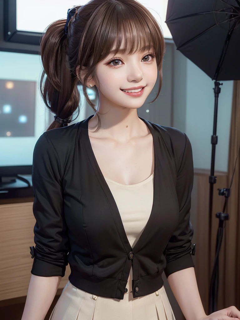 (8k, RAW Photos, Highest quality, masterpiece:1.2), (Realistic, photo-Realistic:1.4), (extremely detailed 8k wallpaper), ((Full Body Shot)), (((1 girl))), Sharp focus, Cinema Lighting, Soft Light, (Delicate and beautiful eyes, Very beautiful 25 year old girl, innocent big 目s, photo Realistic, Very detailed cute, (Model body type), Background television station、Television Studio、The audience is watching、announcer、shirt、blouse、Jacket、Office Casual、skirt、pumps、Weather girl、(Brown Hair), (ponytail), (Asymmetrical bangs), ((smile)), Glowing Skin, Ultra-Dense Skin 、Facial beauty with attention to detail, Side Shot、Sparkle Effect,