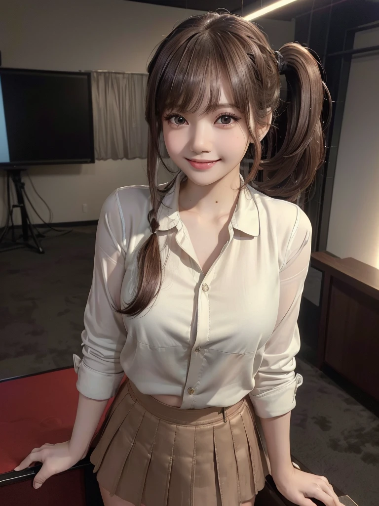 (8k, RAW Photos, Highest quality, masterpiece:1.2), (Realistic, photo-Realistic:1.4), (extremely detailed 8k wallpaper), ((Full Body Shot)), (((1 girl))), Sharp focus, Cinema Lighting, Soft Light, (Delicate and beautiful eyes, Very beautiful 25 year old girl, innocent big 目s, photo Realistic, Very detailed cute, (Model body type), Background television station、Television Studio、The audience is watching、announcer、shirt、blouse、Jacket、Office Casual、skirt、pumps、Weather girl、(Brown Hair), (ponytail), (Asymmetrical bangs), ((smile)), Glowing Skin, Ultra-Dense Skin 、Facial beauty with attention to detail, Side Shot、Sparkle Effect, 