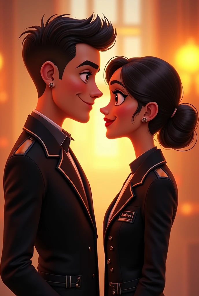 Animated couple, a man and a woman, wearing black jackets with their initials Valentina and Andrés