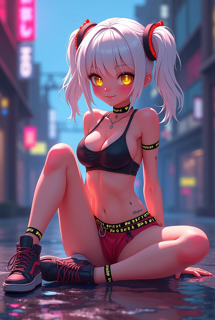 (heavy blushing), ((luminous design)), sitting, legs spread, white hair, yellow eyes, seductive expression, (((cartoon))), ((cel shading)), (lewd), (ecchi), multicolored hair, sneakers, underboob, (cyberpunk), (punk), large breasts, butt, neon skirt, slim, lithe, athletic, choker, rave, wristband, sexy, submissive, ((natural lighting)), (radiosity, ambient occlusion, anisotropic filtering), ((hdr rendering, vector, digital art)),