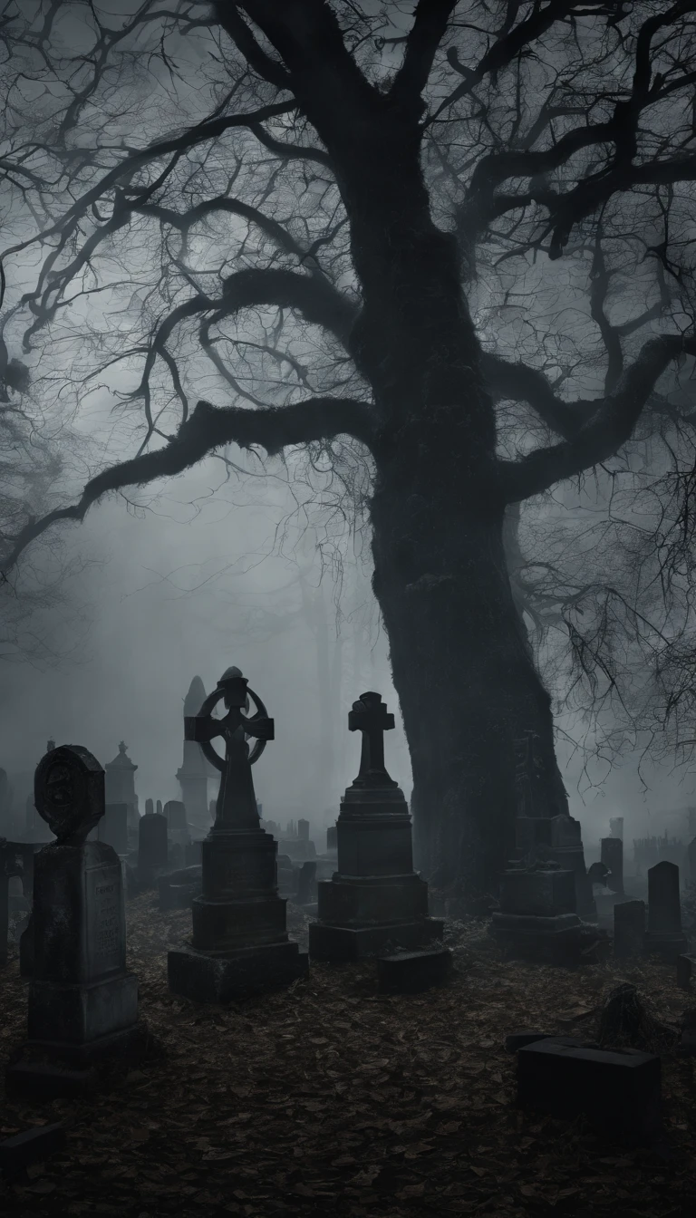 Mysterious mist, mysterious old cemetery, tombstones emerging from thick fog, delicate light breaking through mist, mystical and magical atmosphere, (best quality,8k,ultra-detailed,realistic,photo-realistic:1.37), dramatic lighting, moody and atmospheric, dark and gloomy, eerie and haunting, gothic architecture, ornate headstones, overgrown with moss and vines, moonlight peeking through the fog, haunting and mysterious