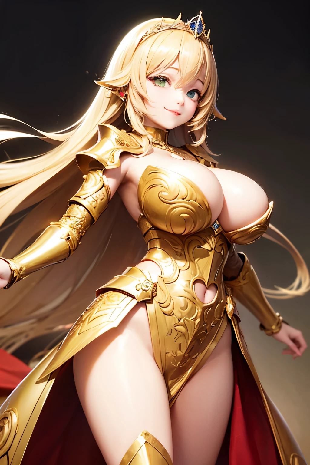 Ultra HD、Ultra-clear、White and beautiful translucent skin、Beautiful and well-proportioned face、Cute smile、Sagittarius Warrior、Covered entirely in golden armor、Holy knight in golden armor、Golden Tiara、Golden armor with ornate carvings covering the entire body、Heavy golden armor、Translucent beautiful green eyes、Blonde、Big Breasts、Outer space background、