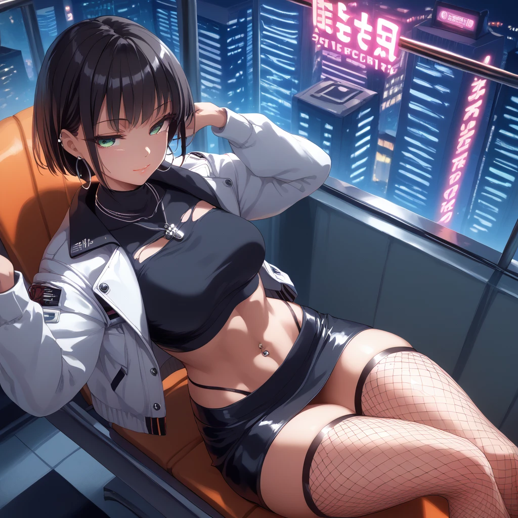 (SAFE FOR WORK), 1 female, Yusuke Murata style, Fubuki, sexy face, high angle, longer face, short black hair, fully lidded eyes, green eyes, puckered lips, no lipstick, slim/toned body, extremely slim waist, perfect firm breasts, perfect size breasts, separated breasts, white Jacket, black turtle neck top, ripped fishnet stockings, navel piercing, hoop earrings, black skirt, necklace, sitting on lounge chair, night, detailed city background, futuristic city, penthouse, lots of skyscrapers, Tokyo, Japanese symbols neon lights, starts, thick thighs, more details, both hands forming heart shape, tiny hearts floating above head