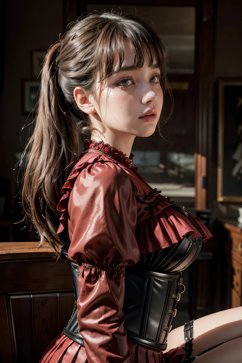 (photography of a 20 year old Aerith Gainsborough), (no close-up), highly detailed face, (smile:0.7) (background inside dark, moody, private study:1.3), steampunk pirate's airship, nikon d850, film stock photography, for kodak portra 400 ,camera f1.6 lens, bokeh, analog style, rich colors, hyper realistic, lifelike texture, dramatic lighting, cinestill 800, messy hair, serious, (freckles:0.4), pale skin, cute sexy