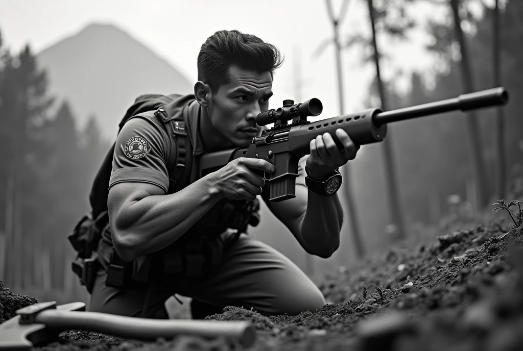 An Indonesian Asian man wearing an Indonesian military uniform, with a muscular, toned body, carrying an Indonesian flag. He weighs 70 kilograms, is 190 cm tall, carries a sniper rifle, and aims it towards the camera while crawling. There is a large axe beside him, and in the background, an Indonesian forest and a large mountain can be seen in the distance. (A classic black and white photo from the past)