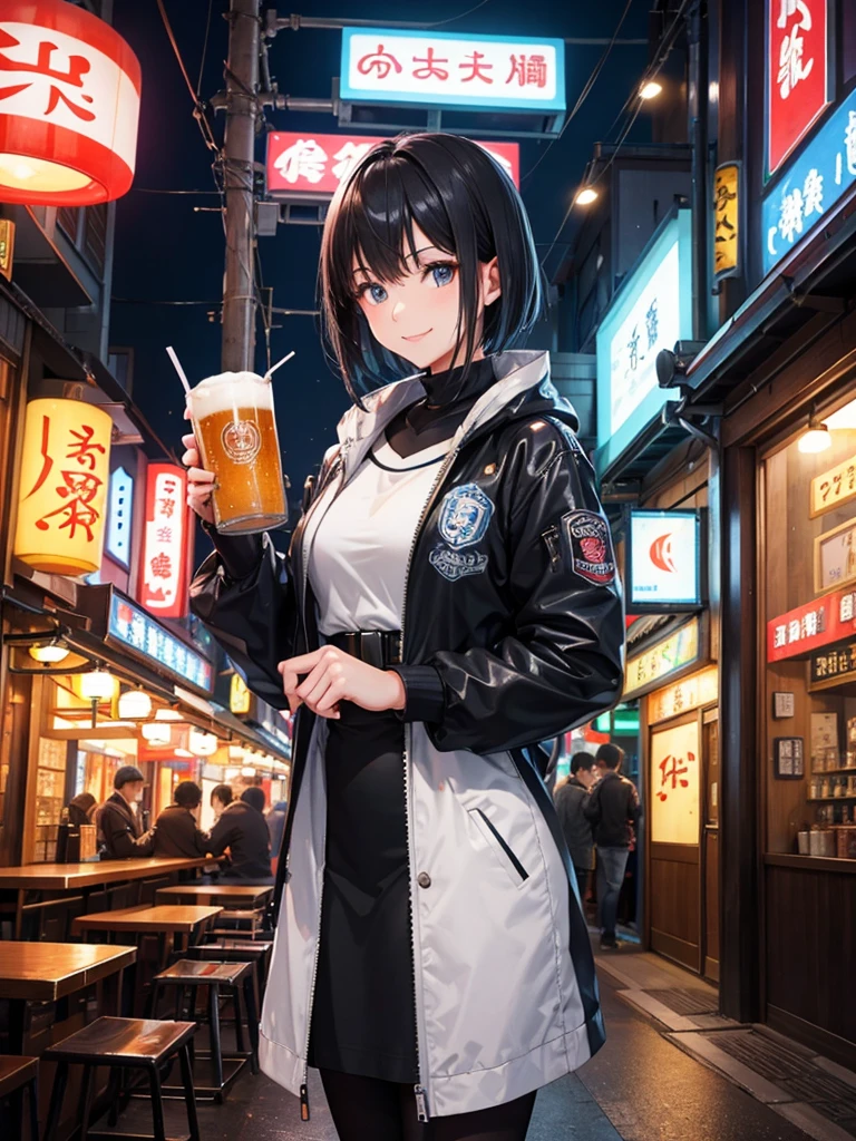 In the futuristic city of Tokyo, Inside a cozy, modern izakaya, Cheerfully holding a frosty mug of draft beer in both hands. she is smiling brightly, Her face shining with happiness. The city's neon lights and the izakaya's vibrant signboards are reflected in the glass windows. The girl has short black hair, Properly styled, and、Sporting a stylish jacket and shimmering accessories、A casual outfit with a touch of futuristic elements. The atmosphere around her is warm, Vibrant, and満ち溢れる喜び.