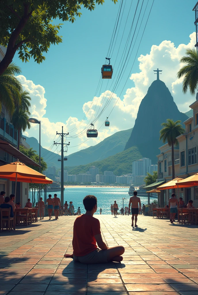 Someone sitting on the sidewalk of Copacabana looking at the cable car to Sugarloaf Mountain and Christ the Redeemer