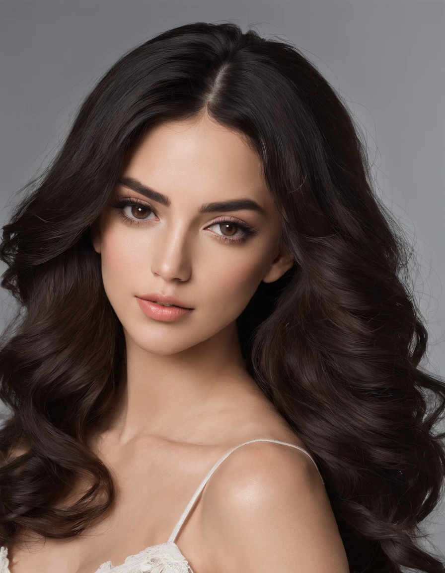 Bust photo of a beautiful brunette Hispanic woman, long curly black hair, light and cheerful round face, black eyes, thin lips and thin nose.