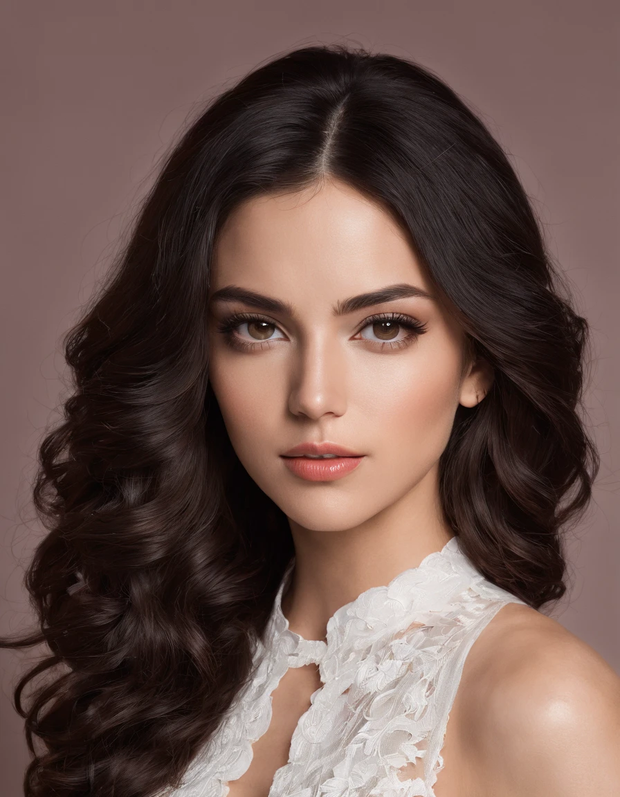 Bust photo of a beautiful brunette Hispanic woman, long curly black hair, light and cheerful round face, black eyes, thin lips and thin nose.