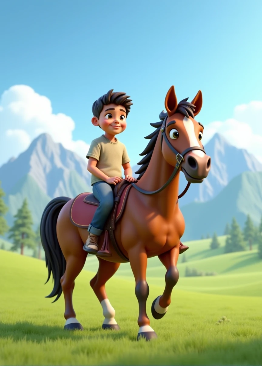 Create a detailed 3D animation of a boy sitting on a brown horse. The boy should be dressed in casual clothes and appear relaxed and happy.. The horse is robust and healthy looking., with a shiny coat. The scene should be set in an open field with green grass and mountains in the background., under a blue sky with few clouds. The animation should capture the natural movement of the horse and the boy., with the horse walking at a gentle pace and the boy moving slightly, as if he was enjoying the ride.