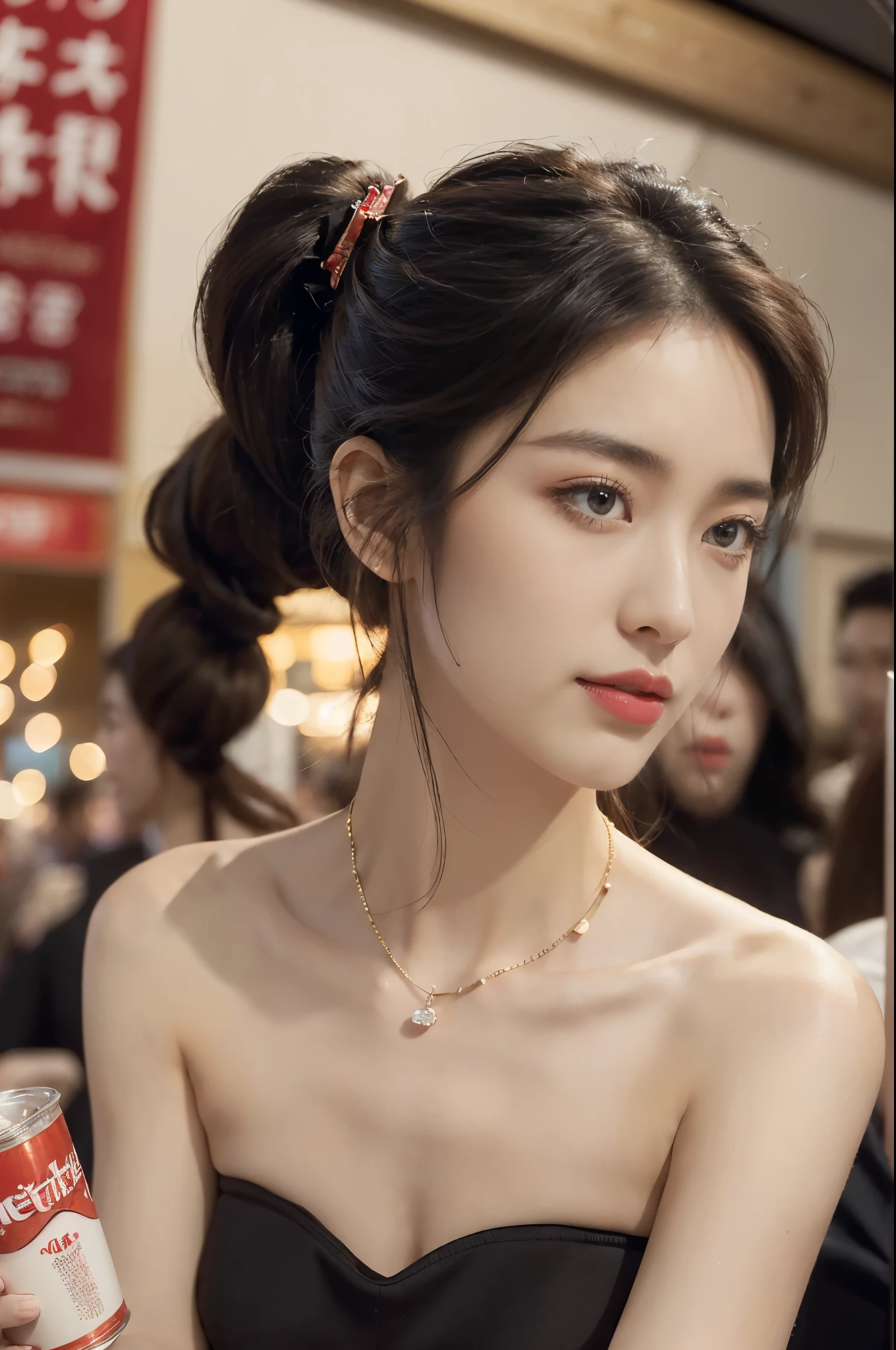 (((best quality))),(((ultra detailed))),(((masterpiece))),illustration,((1 beautiful girl,female cashier,solo)),(short ponytail:1.2),((slim,thin)),((small breasts,flat chest)),(strapless bra:1.3),dimly lit,soft glow,shelves,snacks,drinks,necessities,air conditioning,breeze,elegance,grace,vibrant red lipstick,crisp,delicate necklace,sparkling pendant,calmly,warm smile,inviting,poise,unaffected,hustle and bustle,city life,convenience store,haven,weary souls,relentless heat,resilient spirit,(indoor:1.2),(night scene:1.3),((from front,close-up of face)),(surrounded by crowded crowds:1.3)