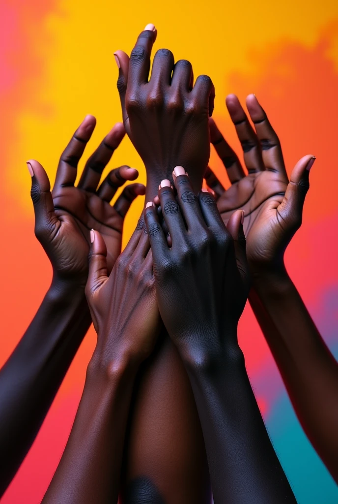 Je veux une image de regroupement de plusieurs mains . Encore plus de mains. Je veux rien que des mains noirs. Encore une autre image. Je veux que les mains soient les une sur les autres et je ne veux pas que l'image soit en blanc noir. Limite ne nombre de mains à cinq.il faut que les mains soient les unes sur les autres .