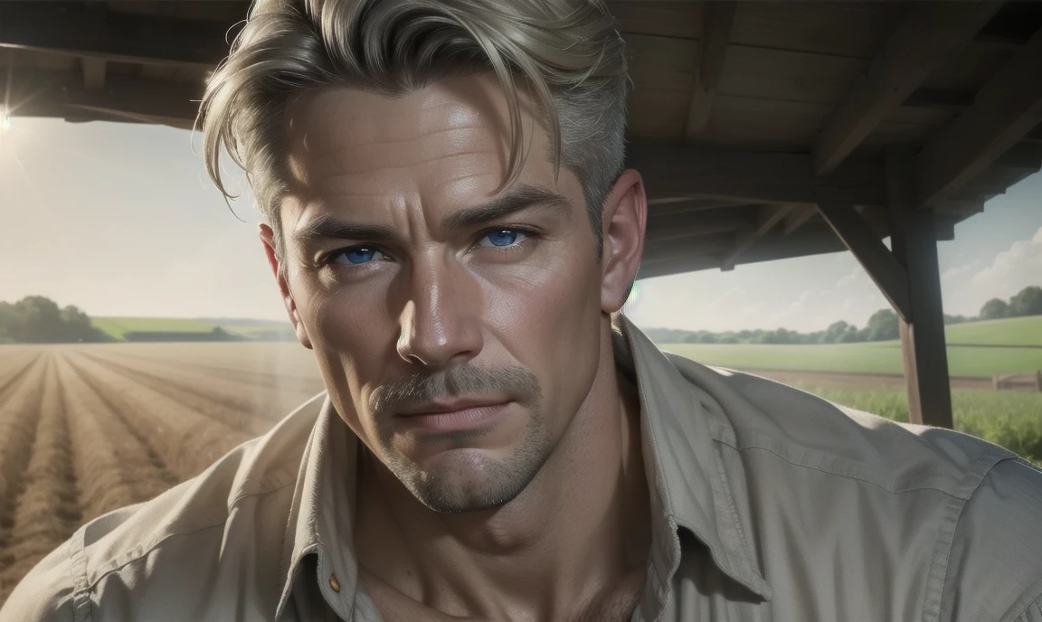 [((highly detailed, detailed eyes, detailed face, clear and realistic facial features, photorealistic, realistic light, cinematic)), ((((1 man)))), Mark is a handsome and alluring slender but muscular male farmer father aged 45 with short blond hair and a neat moustache and blue eyes and weathered skin wearing a flannelette shirt, ((sexy southern gay daddy farmer)), ((greying dark-blond hair)), (((weathered mature face))), (((Mark has a seductive smirking look on his face and a slight blush on his cheeks))), There is a charming yet dry southern farm in the background, ((sexual tension mood))]