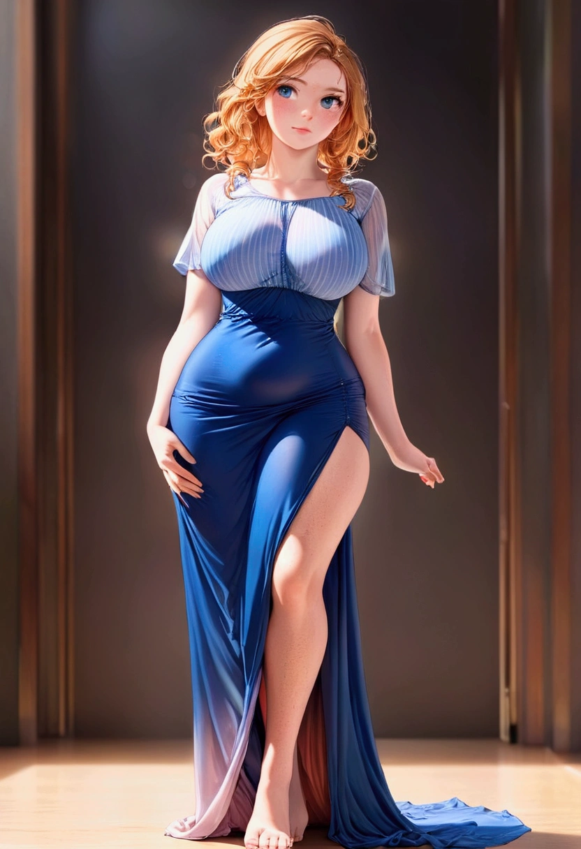 Full body portrait, a female, 20 years old, European Irish, cute face, high cheekbones, slim body, hourglass figure, thin (large boobs: .9), (wide hips: 1.3), straight dark ginger hair, blonde hair highlights, blue eyes, light freckles face, light freckles body, wearing a maxi dress, hyper realistic, beautiful, bokeh, candid, raw,