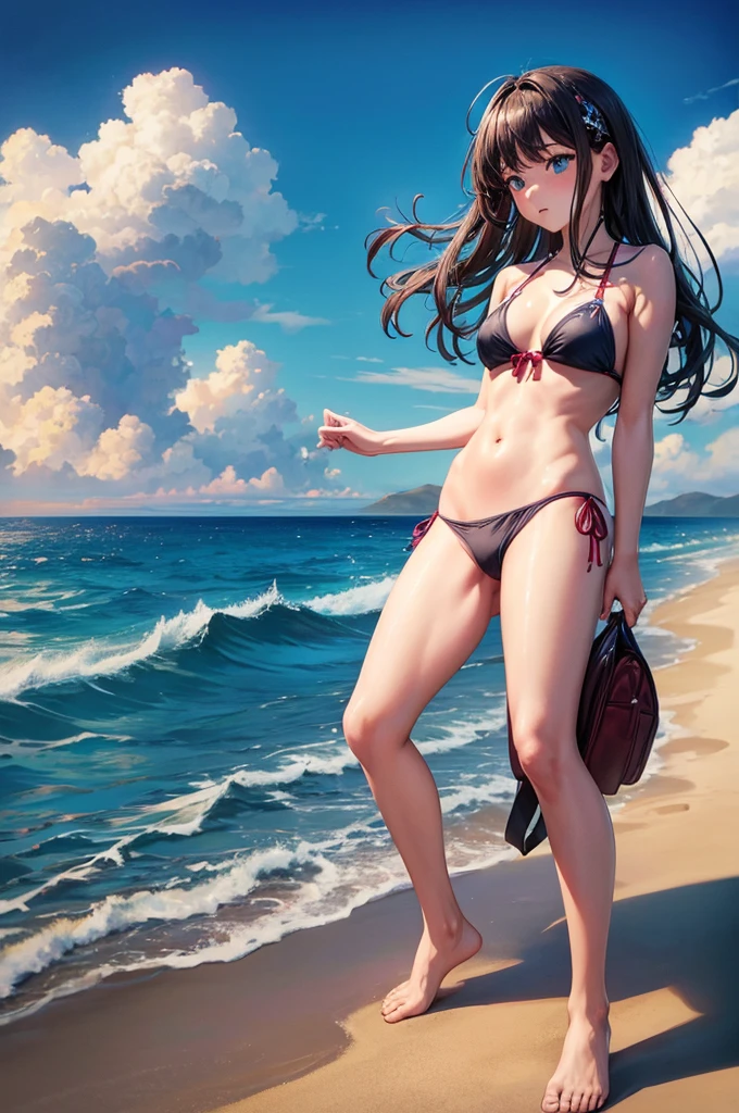 (Highest quality、8k、Masterpiece)、A high school girl wearing a modern bikini、Masturbating on the beach