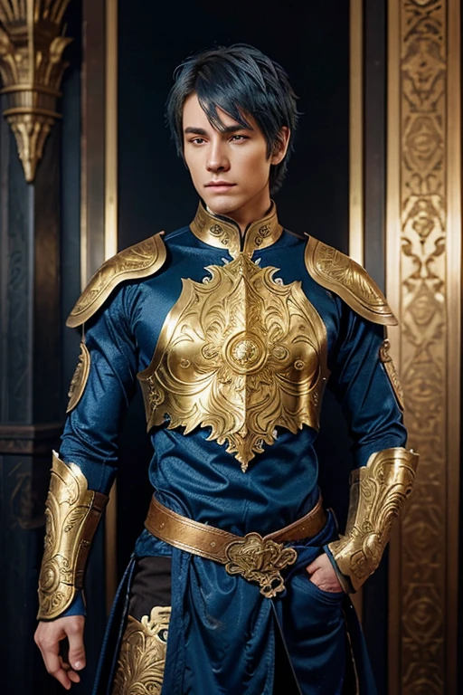 A young short-haired warrior, Flowing blue hair stands tall with confidence, He wore intricately detailed golden armor with ornate engravings.. His armor shines with metallic gold and dark blue hues.., Giving a regal and mystical appearance. He has a calmness, Expression. The background is textured., Neutral colored surface that contrasts with its lively appearance.. The overall atmosphere is both heroic and ethereal... golden crown