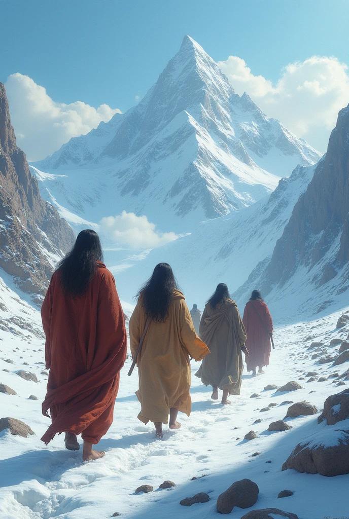 The Pandavas embarking on their final journey to the Himalayas, walking through a serene and snow-covered landscape, seeking spiritual liberation.