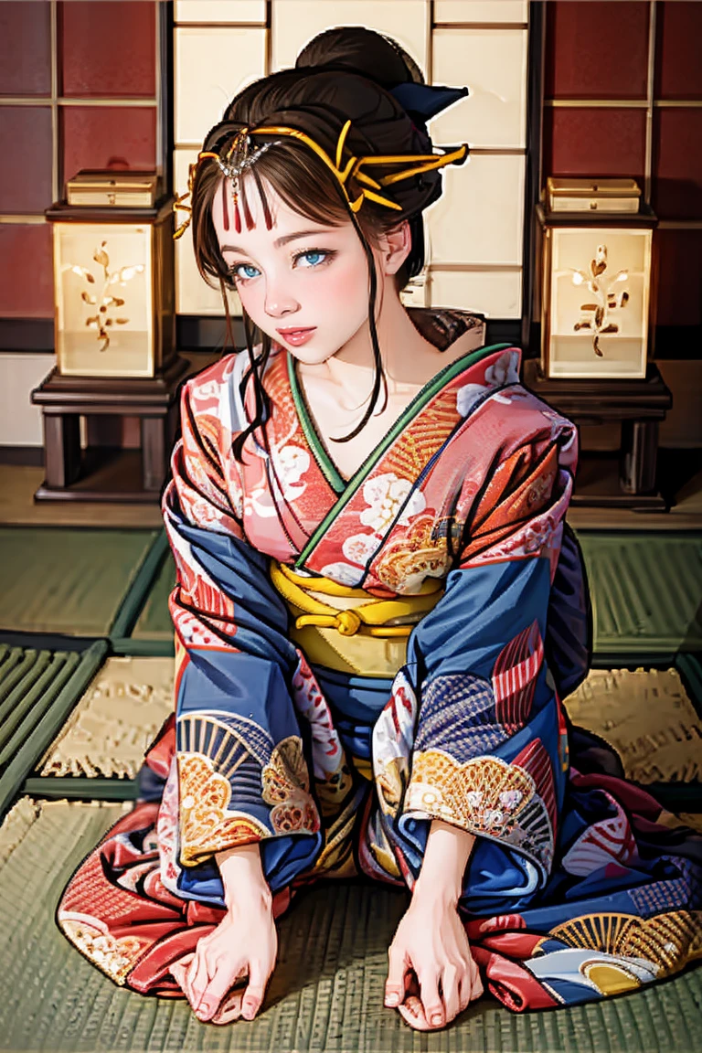 NSFW,
1 girl kneel on the floor on open leg, alone, looking at the viewer, smile, blue eyes, blonde hair, hair ornaments, Upper body, reveal kimono, kimono, lips, compensate, tassel, rope, eye shadow, red kimono, shimenawa, hairpin,