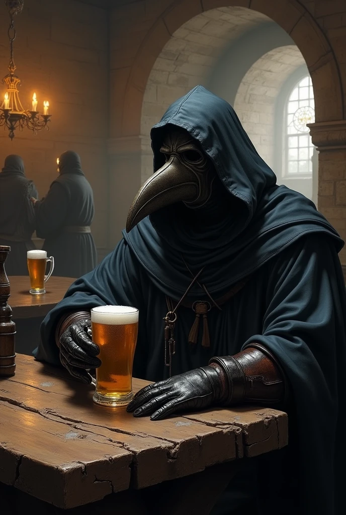 A Black Death doctor drinking beer in a medieval tavern 