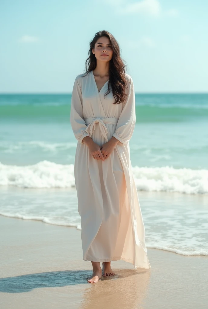 A 25-year-old woman who bears a striking resemblance to Ayeza Khan, with fair skin, hazel eyes, and charming dimples, is standing on a beach. She is wearing a stylish, modest Western dress with no skin showing, and she is gently dipping her feet into the water. The background features a serene beach scene with gentle waves lapping at the shore and a clear, sunny sky."