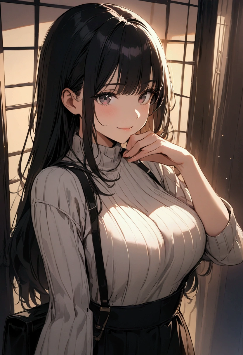 ((greatest masterpiece:1.3, ultimate quality:1.3, ultra-detailed:1.2)), (movie lighting), ((perfectly sensual)), super fine illustration, an extremely delicate and beautiful, 4K, 8K, 16K, UHD, A young woman stands confidently in a brightly lit, modern setting, her back gently leaning against a wall. She is wearing a snug, ribbed white turtleneck sweater that hugs her figure closely, emphasizing her ample chest. The black strap of her crossbody bag creates a distinct and prominent paizuri effect, as it runs diagonally across her chest, accentuating the natural curves of her bust. Her long, straight hair falls gracefully down her back, with soft bangs framing her delicate face. She gazes directly at the viewer with a warm, inviting smile, her hand lightly touching her chin in a thoughtful pose. The background is minimalistic, drawing full attention to her and the subtle details of her outfit. The focus is on the upper half of her body, capturing the elegant yet casual style of the scene, with particular emphasis on the strap's placement and the overall harmonious balance of her appearance.