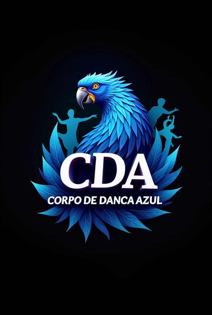 create a 3D logo
insert the letters "CDA"
insert a blue macaw
insert the phrase "Corpo de Dança Azul"
insert a black background insert silhouette of dancers