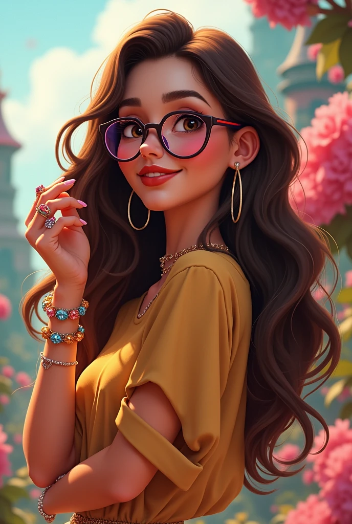 30 year old woman beautiful with brown hair stylish lots of rings and fun glasses disney style character