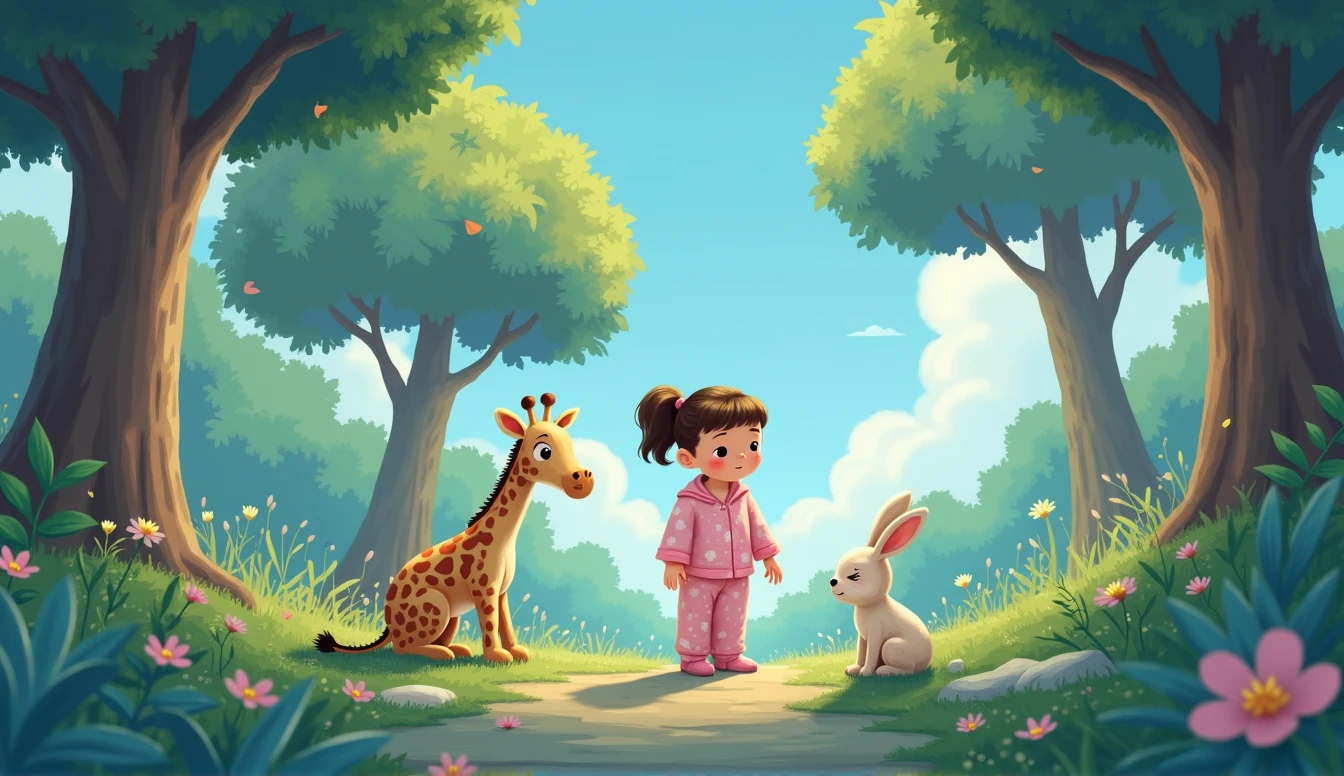 sad hare sits under a tree in the forest, and a little plush giraffe and a little cartoon girl in pink pajamas looking at a hare under a tree