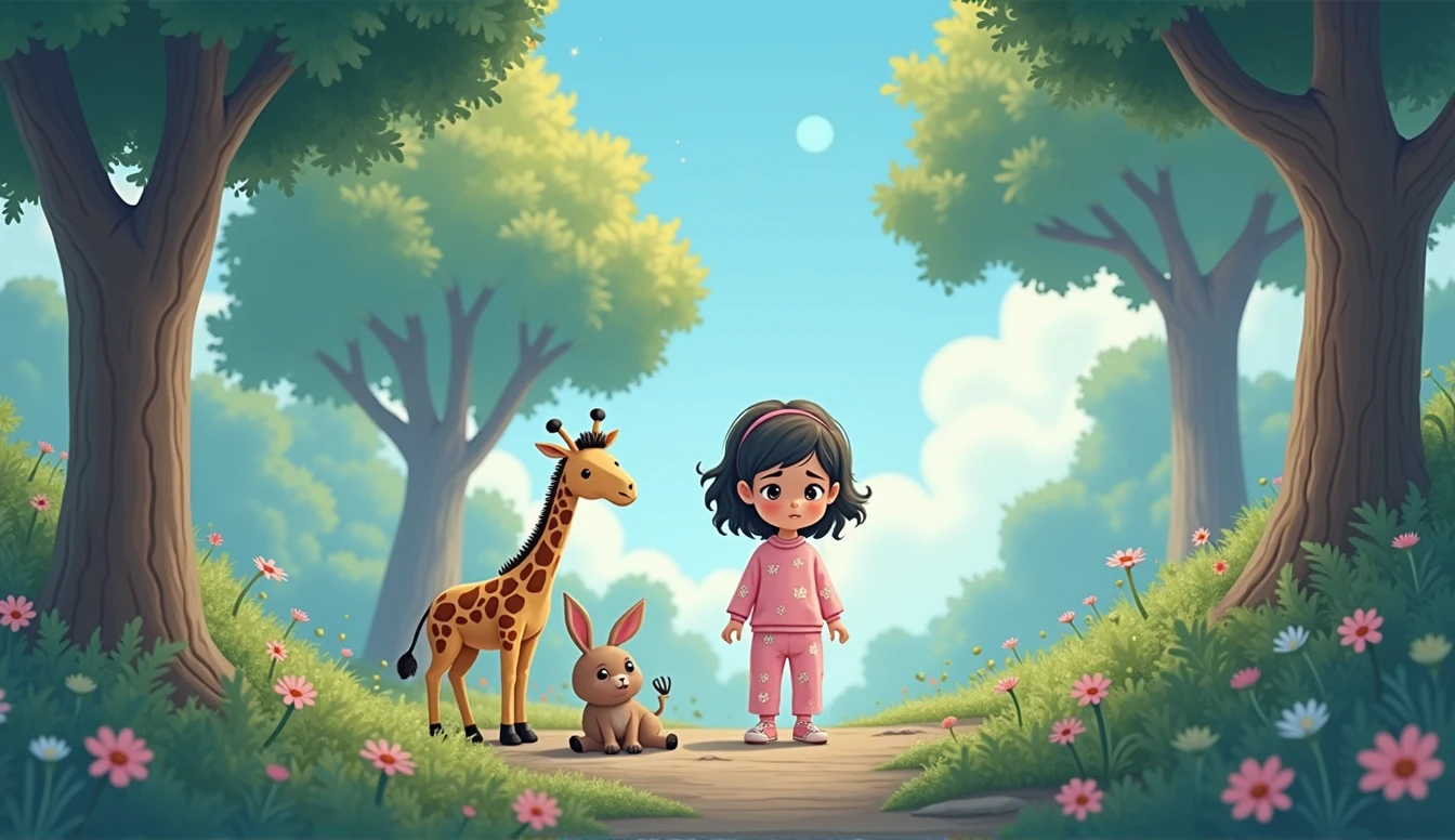 sad hare sits under a tree in the forest, and a little plush giraffe and a little cartoon girl in pink pajamas looking at a hare under a tree