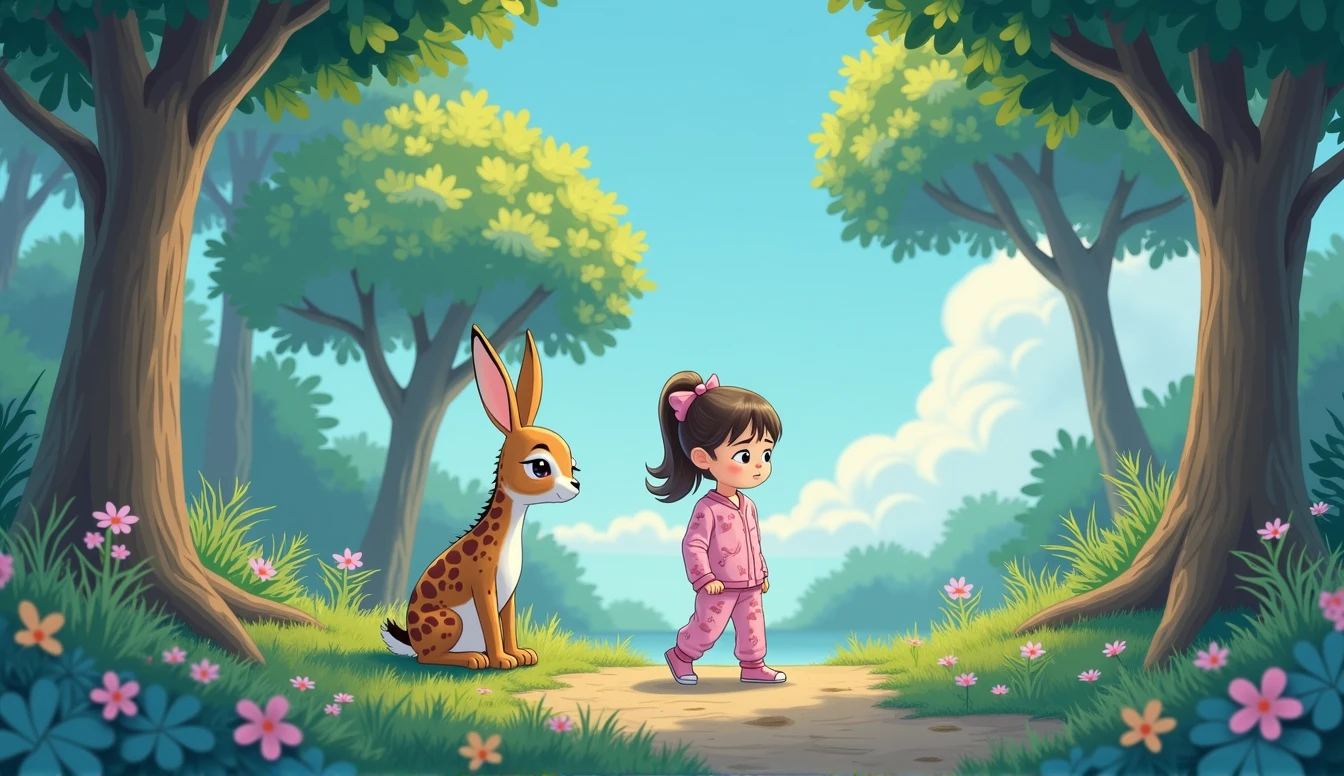 sad hare sits under a tree in the forest, and a little plush giraffe and a little cartoon girl in pink pajamas looking at a hare under a tree