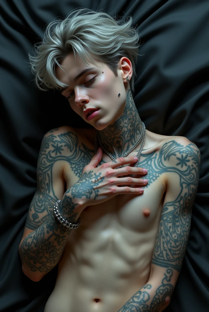 Teenage guy, white skin, toosled grey hair, grey eyes, tattoos neck, tattoos arms, tattoo torso, piercings, silver chains, summer vibes, sleeping position, dramatic lighting, dark colors, textured skin, hand gesture, naked, sensual, detailed features, edgy, teenage, androgynous, intimate, high quality digital art, dark fantasy style.