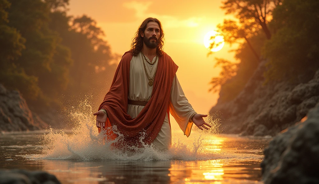 (melhor qualidade,4k,8k,Altas,master part:1.2),ultra-detalhado,(Realistic,fotorrealista,photo-realistic:1.37),jesus cristo,estilo de arte tradicional,vivid and dynamic brushstrokes,Ancient playful setting ,Charismatic expression,postura humilde,historic portrait,Noble Features,estilo de pintura de tinta e lavagem,finely detailed facial features,dynamic compositing,Paradisiacal scenery,olhar confiante,,ambiente com Luz do sol dourada iluminando a cena,aura de angelical,atmosphric perspective,Explosive lighting,Jesus blessing the river, ao por do sol